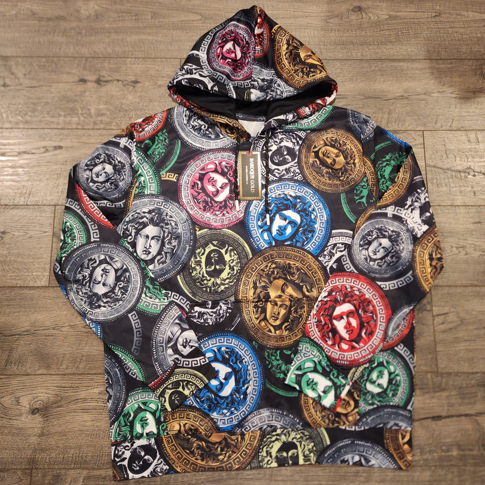 Baroque Gold Medusa Coin Print Hoodie Pullover Size Small NWT